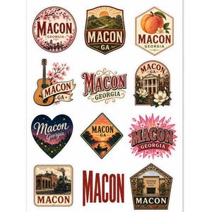 Macon Georgia klistermärkesark: Körsbärsblom, persika, tågmönster (12-pack)