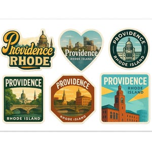 Hoja de pegatinas de Providence, Rhode Island: 6 pegatinas de viaje vintage con el Capitolio estatal y lugares emblemáticos de la ciudad.