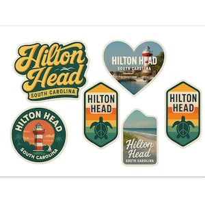 Stickervel Hilton Head South Carolina - 6 pak reissouvenirstickers met ontwerpen vuurtorenstrand en zeeschildpad