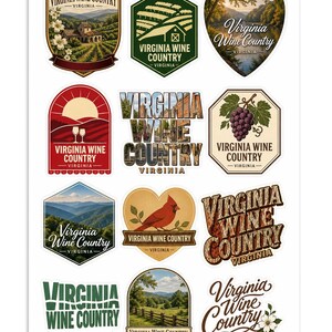Könnte beinhalten: Ein Aufkleberbogen mit zwölf verschiedenen Motiven rund um Virginia Wine Country. Die Aufkleber zeigen Illustrationen von Weinbergen, Bergen, einem Kardinalvogel, Weintrauben und den Schriftzug Virginia Wine Country Virginia in verschiedenen Stilen.