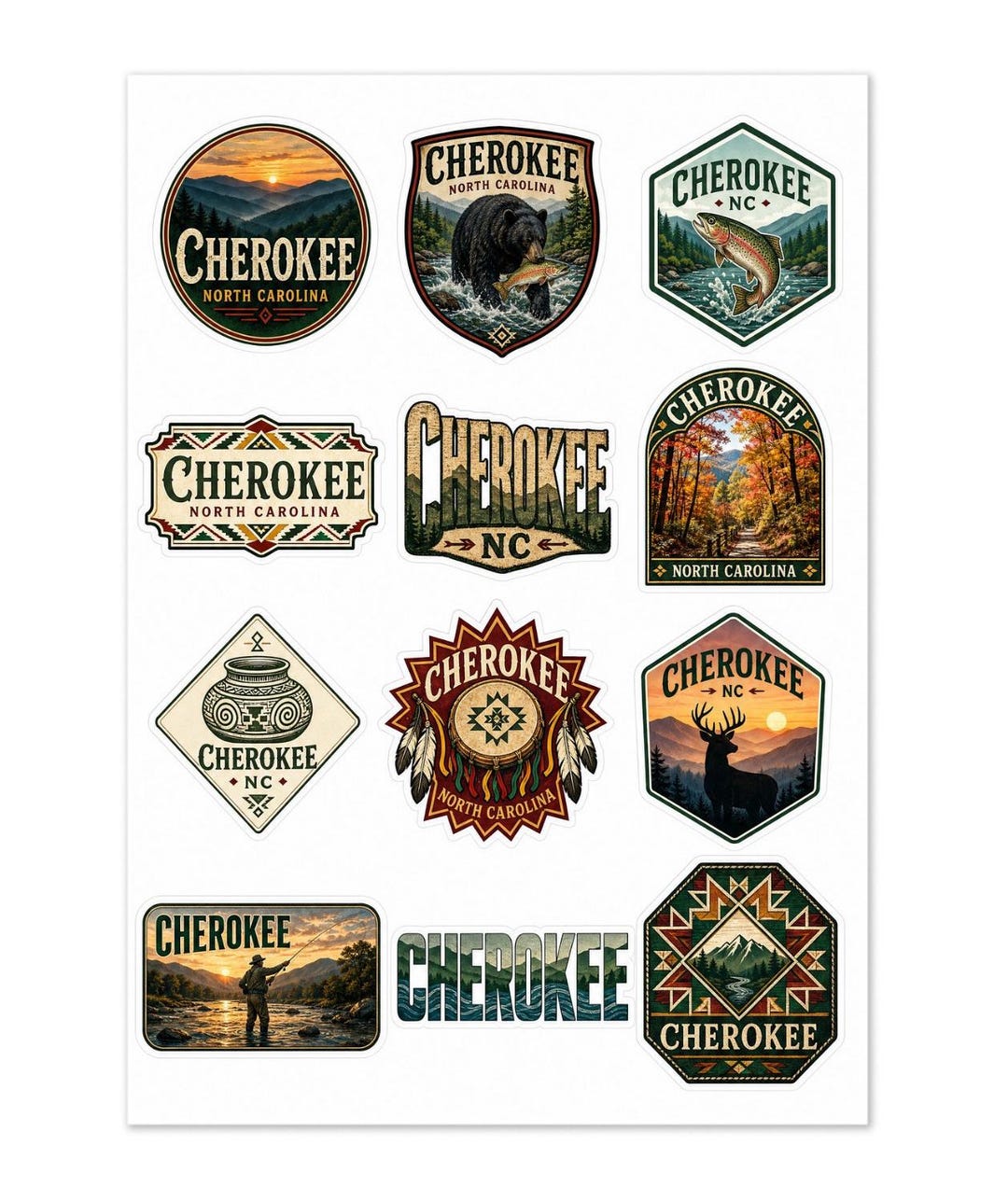 Cherokee North Carolina Sticker Sheet: Mountains, Wildlife, Native ...