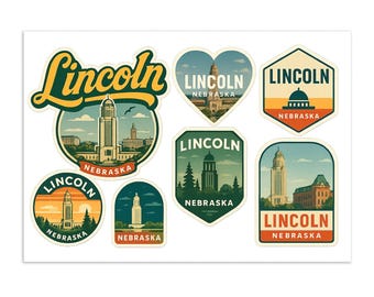 Hoja de pegatinas de Lincoln, Nebraska: monumentos de viaje vintage (juego de 7 piezas)