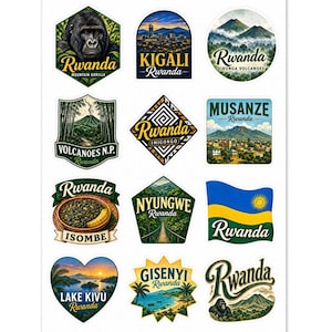 Può includere: Un foglio di adesivi colorati a tema Ruanda. I disegni includono un gorilla, paesaggi urbani, montagne e la bandiera ruandese. Il testo include "Kigali", "Musanze", "Lake Kivu" e "Nyungwe".