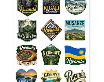 Hoja de pegatinas de Ruanda: Kigali, volcanes, fauna, monumentos – Paquete de recuerdos de viaje