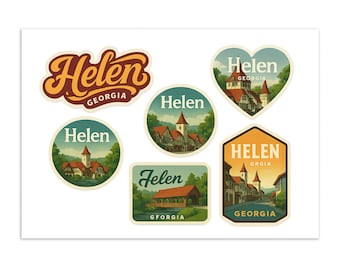 Hoja de pegatinas de Helen, Georgia - Paquete de 6 pegatinas de recuerdo de viaje de pueblos alpinos