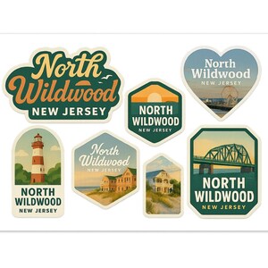 Juego de pegatinas de North Wildwood, Nueva Jersey – Calcomanías de viaje vintage (paquete de 6) imagen 1