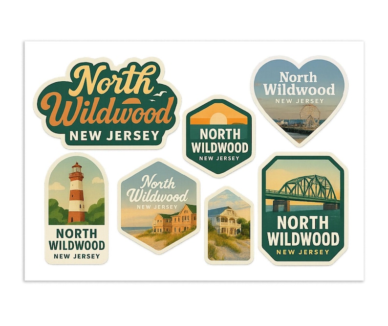 Juego de pegatinas de North Wildwood, Nueva Jersey – Calcomanías de viaje vintage (paquete de 6) imagen 1