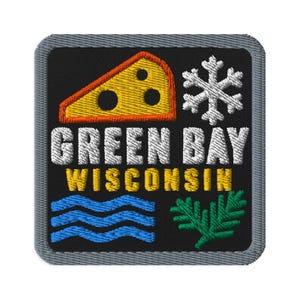 Broderad souvenirlapp med ostklyfta i Green Bay, Wisconsin - fyrkantig, oval eller rund form, stryk-på, sy-på, samlarobjekt