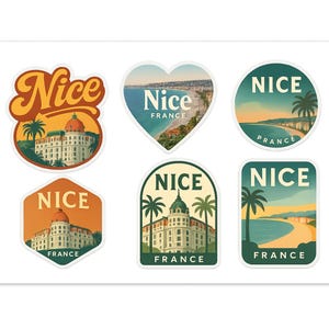 May include: A collection of six stickers with retro designs of Nice, France. Each sticker displays the word "Nice" alongside illustrations of buildings, palm trees, and coastal views. The stickers are in various shapes and colours, evoking a vintage aesthetic.