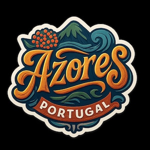 May include: A sticker featuring the word "Azores" in orange script, with "Portugal" in a red banner below. The design incorporates a mountain, waves, and berries, set against a dark blue backdrop with a white border.