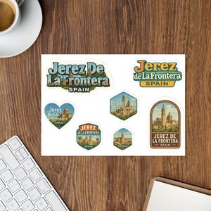 May include: A sheet of stickers featuring the text "Jerez De La Frontera Spain" in various designs. The stickers showcase illustrations of buildings and landmarks, with a vintage travel aesthetic. The color palette includes shades of blue, green, and brown.