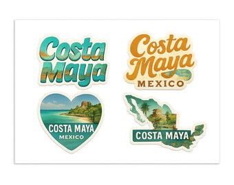 Paquete de 4 láminas de pegatinas de vinilo impermeables para viajes y recuerdos de Costa Maya.