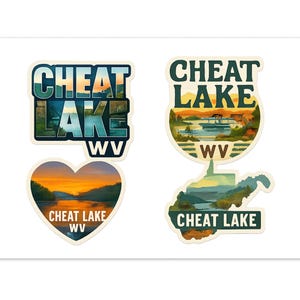 May include: Four stickers featuring Cheat Lake, WV. The stickers include the text "Cheat Lake WV" in various designs. One sticker is in the shape of a heart, and another is in the shape of the state of West Virginia.