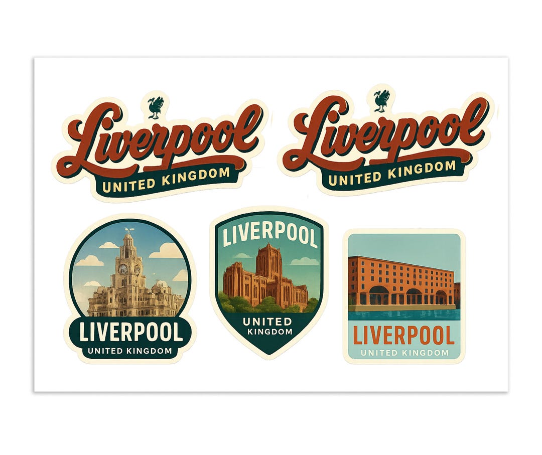 Liverpool Printable Sticker Liverpool United Kingdom Sticker Sheet - 5 Travel Souvenir Stickers ...