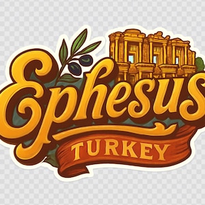 Puede incluir: Una pegatina con la palabra "Ephesus" en dorado, delineada en marrón, con una ilustración de ruinas antiguas, ramas de olivo y la palabra "Turkey" en una pancarta. Diseño de recuerdo de viaje.
