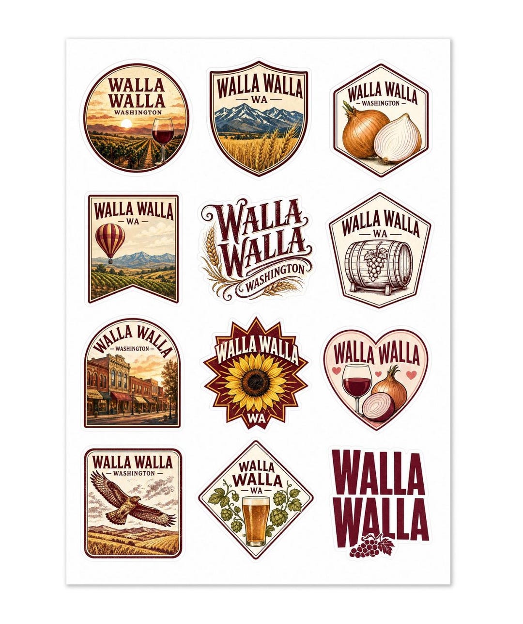 Walla Walla Washington Souvenir Sticker Sheet: 12 Kiss-cut Vinyl Decals ...