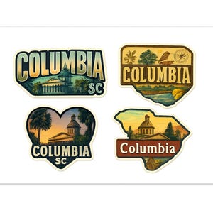 以下が含まれることがあります： 様々な形のコロンビア、SCのステッカー4枚。各ステッカーには、都市のランドマークと風景のイラストとともに、ヴィンテージフォントで「コロンビア」という言葉が描かれています。ステッカーは、ハートや地図の輪郭など、さまざまな形をしています。
