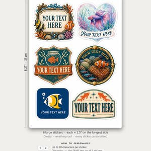 Planche d'autocollants poissons personnalisés, lot de 6 autocollants vinyle pour aquarium, motifs poisson-clown, betta et récif corallien, cadeau personnalisé pour les amoureux des poissons.