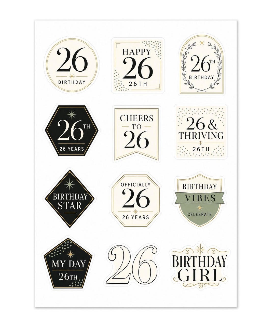 Sticker 26 Bd 26th Birthday Stickers: Black, Gold, Cream Vinyl Celebration Decor (12 ...