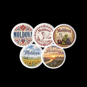 May include: Five circular magnets featuring the word Moldova. Designs include a red and blue floral pattern, a stork in flight, a wine carafe with grapes, a field of sunflowers under a blue sky, and a sunset view of a stone fortress by a river.