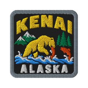 Kenai Alaska Bear Catching Salmon Souvenir Embroidered Patch - Square Oval or Round Shapes Iron On Sew On Collectible