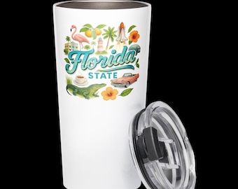 Vaso del estado de Florida: diseño de flamenco tropical, palmera y caimán, 20 oz