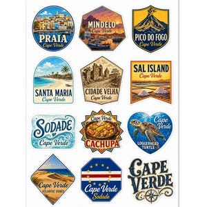 Puede incluir: Una hoja de pegatinas de Cabo Verde. Las pegatinas presentan ilustraciones de paisajes, monumentos y cocina local, con textos como "Praia", "Mindelo" y "Cachupa". Las pegatinas tienen varias formas.