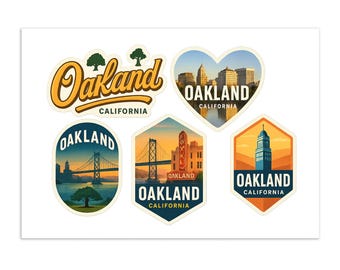 May include: A collection of five Oakland, California themed stickers. The stickers feature iconic landmarks and the city's name in various designs, including a heart, oval, and hexagon shape. The color palette includes shades of orange, blue, and yellow.