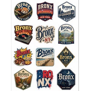 May include: A collection of vibrant stickers featuring the word "Bronx" and various New York imagery. Designs include a red panda, a stadium, a train, a record player, a pier, and a botanical garden. The stickers are in various shapes.