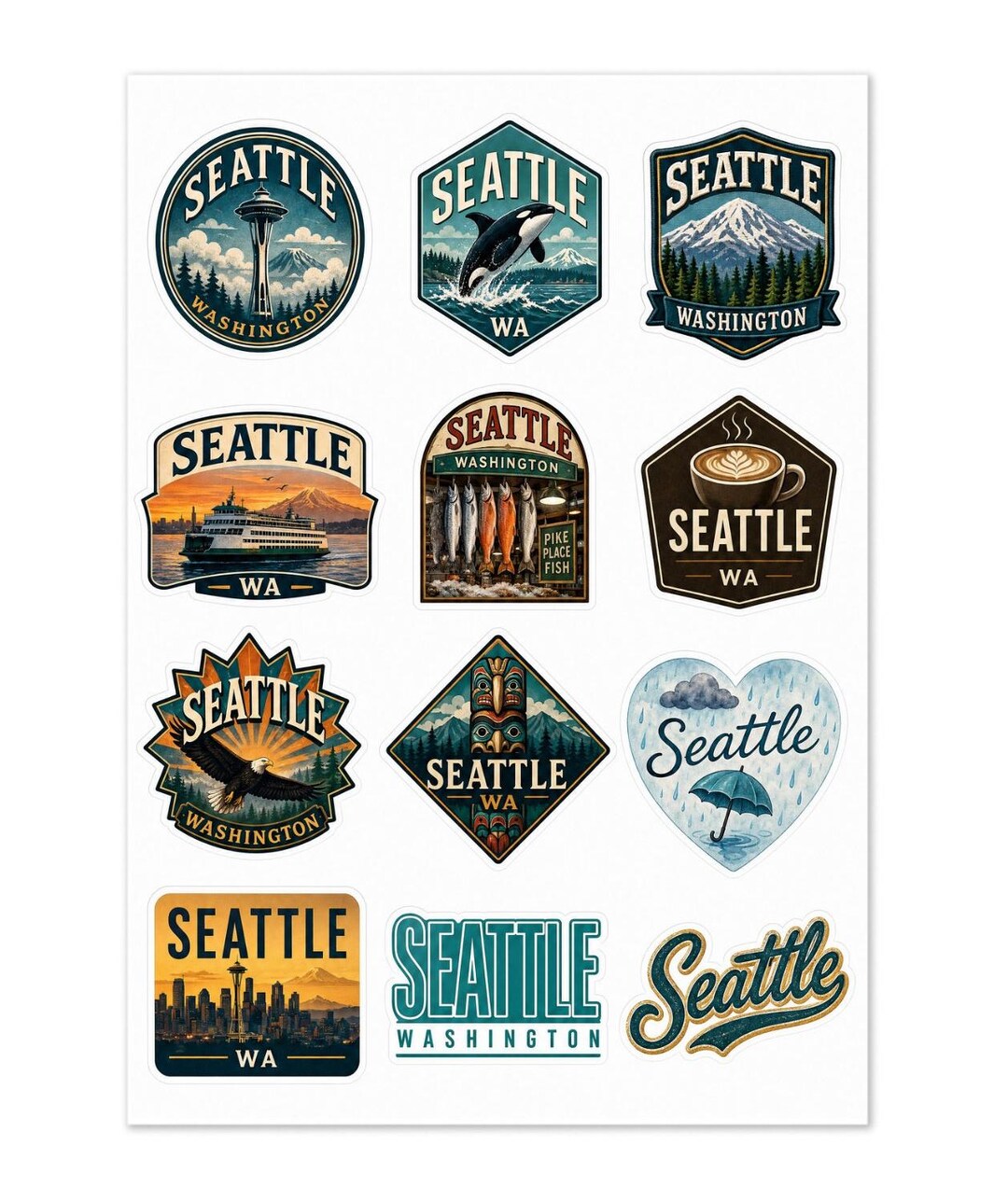 Seattle Washington Sticker Sheet: Iconic Landmarks, Travel Souvenir ...