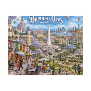 May include: A jigsaw puzzle featuring a colorful illustration of Buenos Aires, Argentina, with the text Buenos Aires Argentina at the top. The scene depicts city landmarks, jacaranda trees, street cafes, people, and pets in a vibrant urban setting.