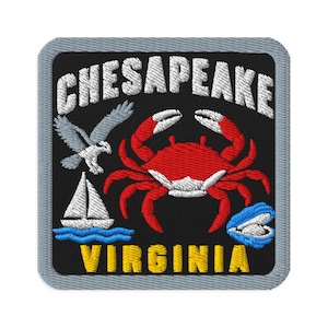 Chesapeake Virginia Blue Crab Bay Souvenir Embroidered Patch - Square Oval or Round Shapes Iron On Sew On Collectible