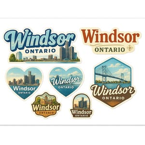 Può includere: Una collezione di adesivi di Windsor, Ontario, in varie forme. Ogni adesivo presenta il nome della città e "Ontario" in diversi caratteri e colori. Alcuni raffigurano lo skyline di Detroit, un ponte e altri punti di riferimento.