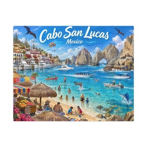 May include: A jigsaw puzzle depicting a sunny beach scene in Cabo San Lucas, Mexico, featuring the iconic rock arch, turquoise water, boats, people swimming, a fruit stand with straw umbrellas, and birds flying in a bright blue sky.