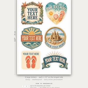 May include: A personalised kiss-cut sticker sheet measuring 14.8 cm by 21 cm, featuring six beach-themed stickers. Designs include a wooden sign with starfish, a heart with a flip-flop, a sunburst emblem, a sandcastle, flip-flops, and a decorative banner.