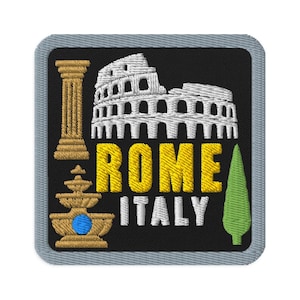 May include: A square embroidered patch with a black background and a grey border. It features a gold column, a white Colosseum, a gold fountain with a blue centre, a green cypress tree, and the yellow and white text ROME ITALY.