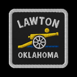 Lawton Oklahoma Embroidered Patch - Artillery Cannon Design Souvenir Travel Memento Square Black Patch