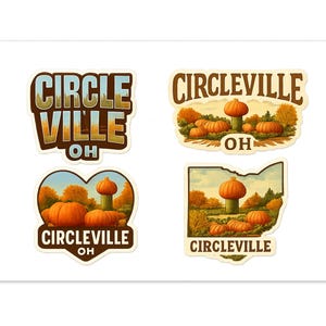 May include: Four stickers with the text "CIRCLEVILLE OH". One sticker has the text in a block letter style. The other three stickers feature pumpkins and autumn foliage in various designs.