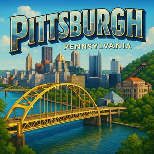 Peut inclure: Image stylisée de Pittsburgh, Pennsylvanie, avec un pont jaune sur une rivière bleue et la ligne d'horizon de la ville en arrière-plan. Le mot "Pittsburgh" est affiché en bleu et or, avec "Pennsylvania" en dessous.