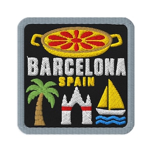May include: A square embroidered patch with a gray border on a black background. It features a yellow paella pan with red food, the white text BARCELONA, yellow text SPAIN, a green palm tree, a white architectural structure, and a yellow sailboat.