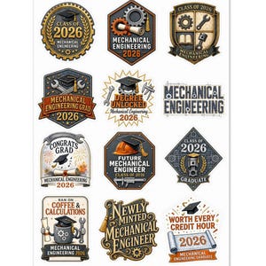 May include: A collection of stickers with mechanical engineering graduation themes. The designs include text such as "Class of 2026" and "Mechanical Engineering." The stickers also feature images of gears, tools, and mortarboards, suitable for graduates.