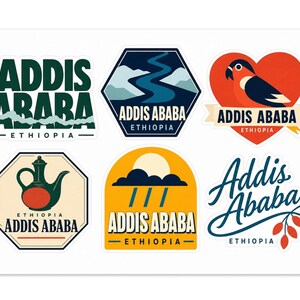 Addis Ababa Ethiopia Souvenir Sticker Sheet - 6 Pack Travel Vinyl Stickers - Laptop Journal Decals - Approx. 2.5 in (6.4 cm) each