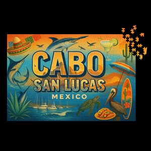 May include: A Cabo San Lucas, Mexico puzzle featuring a vintage travel poster design. The image includes a sombrero, marlin, margarita, pelican, surfboard, and the text "CABO SAN LUCAS MEXICO". The puzzle is set against a sunset backdrop.