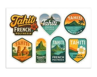Tahiti Französisch-Polynesien Sticker Bogen - 7 Tropisches Paradies Reise Abziehbilder mit Bergen, Stränden und Hibiskus Blumen