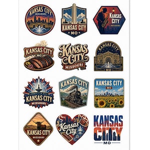 Hoja de pegatinas de Kansas City, Missouri: 12 pegatinas de vinilo troqueladas para álbumes de recortes de viaje, portátiles y botellas de agua. imagen 1