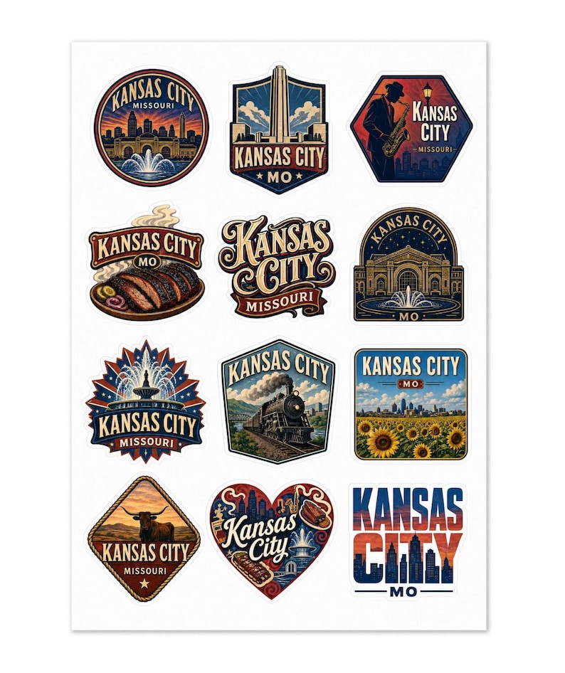Hoja de pegatinas de Kansas City, Missouri: 12 pegatinas de vinilo troqueladas para álbumes de recortes de viaje, portátiles y botellas de agua. imagen 1