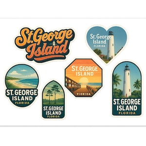 St. George Island Florida Sticker Sheet - 6 Pack Travel Souvenir Decals with Lighthouse Beach and Nature Designs