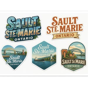 May include: A collection of stickers featuring the text "SAULT STE. MARIE ONTARIO" in various designs. The stickers showcase images of a bridge, lighthouse, and a ship, with a color palette of blue, green, and brown.