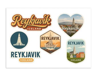 Hoja de pegatinas de Reikiavik, Islandia: 5 pegatinas premium de recuerdo de viaje con lugares emblemáticos y vistas de la ciudad.