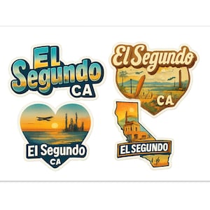 May include: Four El Segundo CA stickers with vintage-style designs. One sticker features a heart shape with a sunset scene, another shows a California outline, and two others have the city name in a retro font.